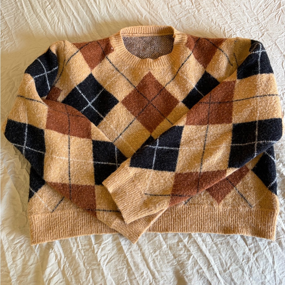 ROMWE Plaid Knit Sweater in Tan and Brown